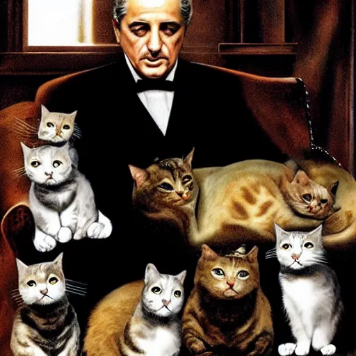 Prompt: the godfather surrounded by cats