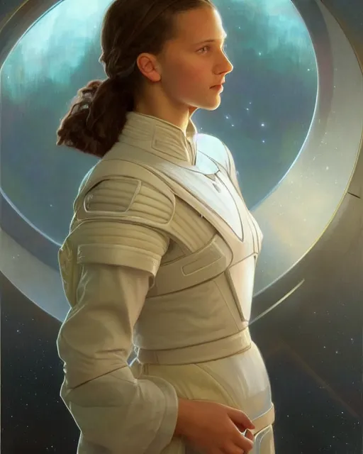 Image similar to a portrait painting of a shy, blushing 1 6 - year old alicia vikander or millie bobby brown, backlit, wearing a futuristic space suit in a space station, elegant, highly detailed, artstation, concept art, by krenz cushart and donato giancola and william adolph bouguereau and alphonse mucha