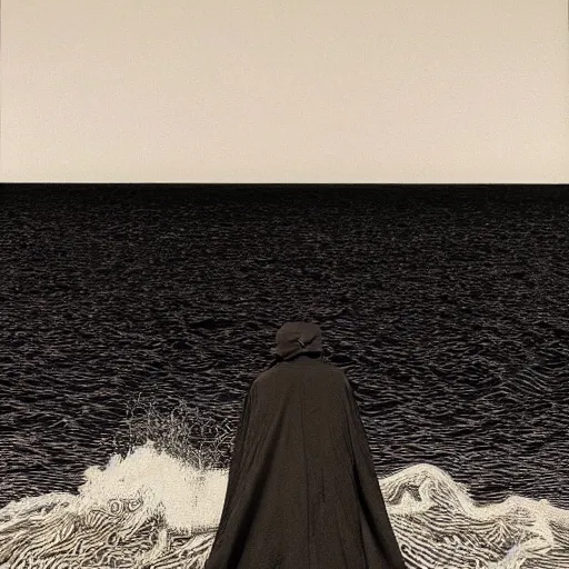 Prompt: A creature 5 meters tall, in a black chiffon layered robe, in a glitch hat Stuck in the textures of the sea, style of Hiroshi Sugimoto::atmospheric illustration