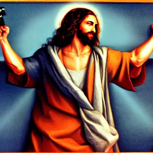 Image similar to jesus christ holding 2 guns