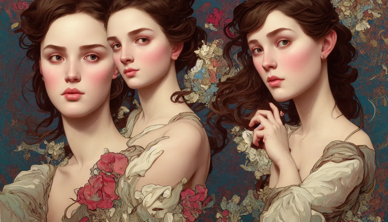 Image similar to excellent painted portrait of pretty girl with upturned nose, high quality masterpiece painted, patterned background by james jean, 4 k, trending on artstation, octane render, art by james jean and artgerm and greg rutkowski and alphonse mucha and craig mullins and james jean and andrei riabovitchev and marc simonetti and peter mohrbacher