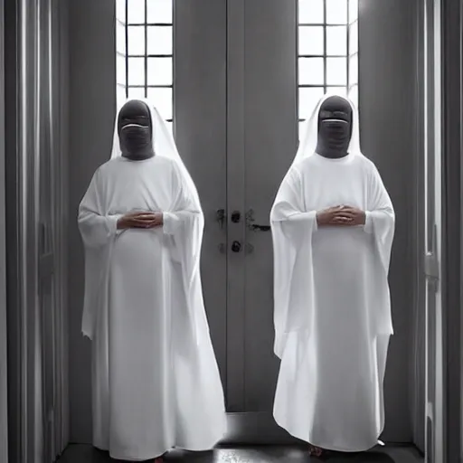 Image similar to terrifying photo,two Hovering twin nuns, wearing pointed hoods, buxom chested, blindfolded, wearing translucent veils, see through dress, Very long arms, bedroom, wood door, eerie, frightening, highly detailed, photorealistic, colorized —width 1024 —height 1024