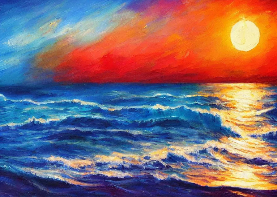 Prompt: beautiful night ocean in moonlight, colorful oil painting