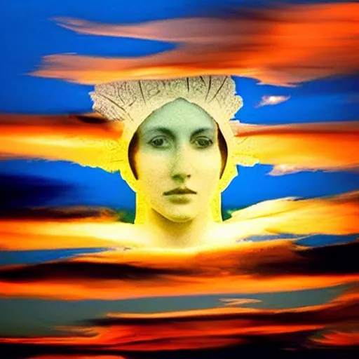 Image similar to sunset fractal clouds in shape of a gigantic virgin mary face
