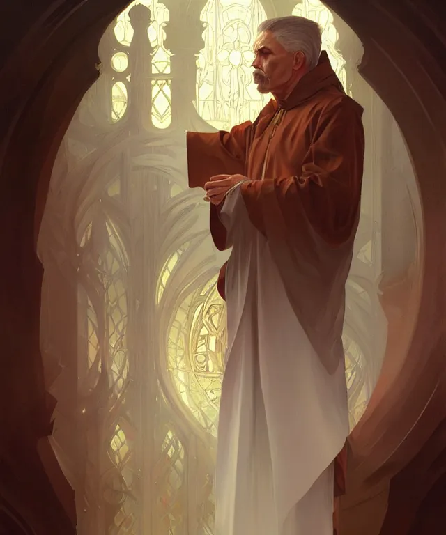 Image similar to an untrustworthy priest, portrait, intricate, elegant, highly detailed, digital painting, artstation, concept art, smooth, sharp focus, illustration, art by artgerm and greg rutkowski and alphonse mucha