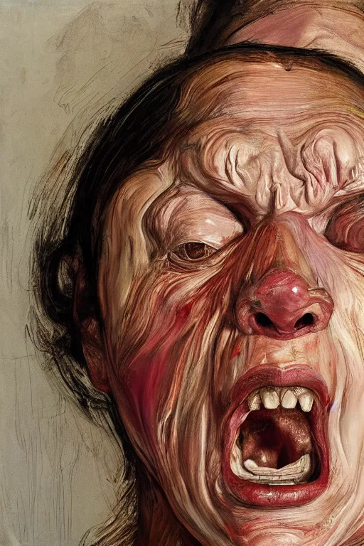 Image similar to portrait of a woman enraged, part by Jenny Saville, part by Lucian Freud