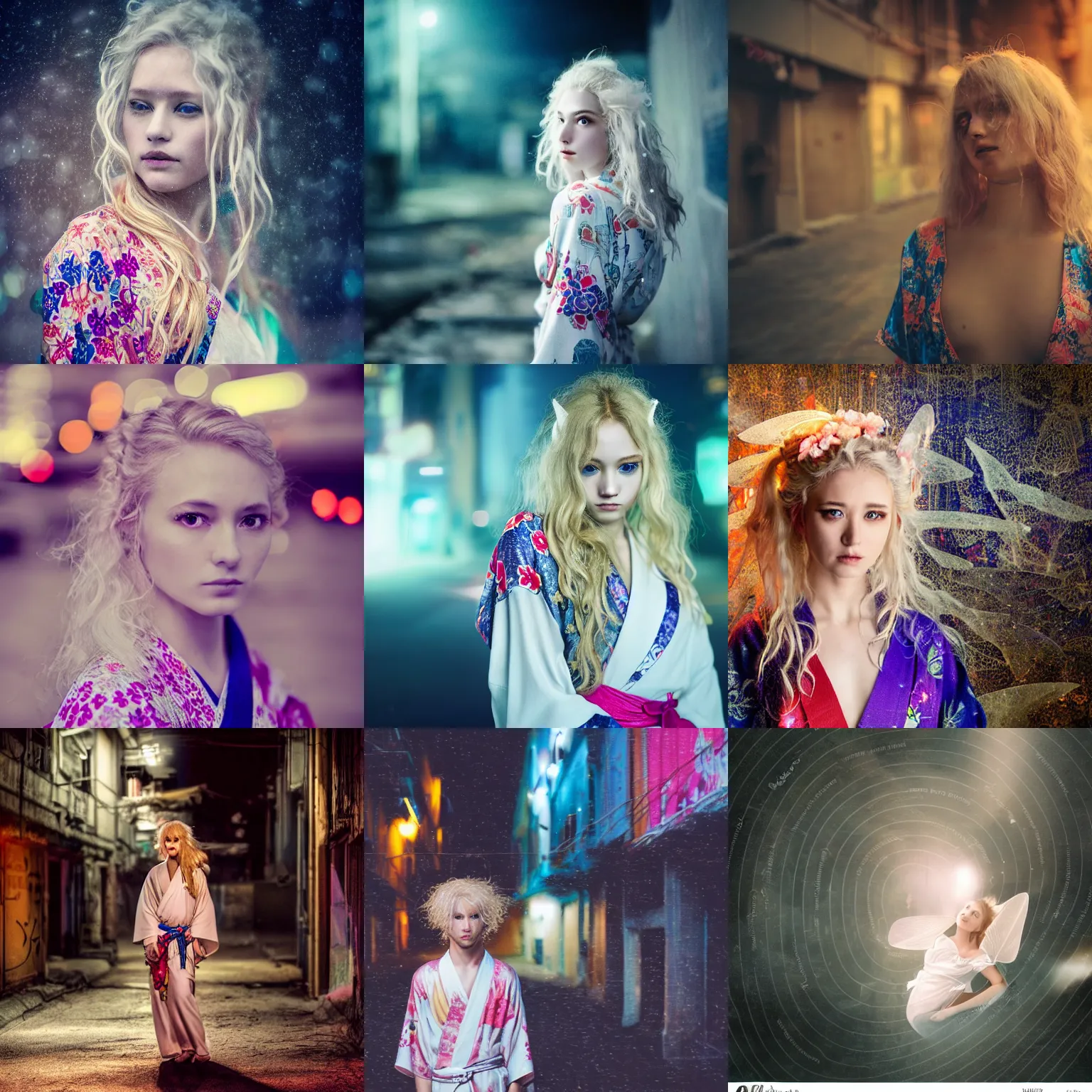Prompt: stunning, breathtaking, awe - inspiring award - winning portrait of an attractive white faerie with wavy blonde hair, wearing a colorful yukata in an abandoned city at night, extremely moody lighting, intricate, soft focus, 8 k