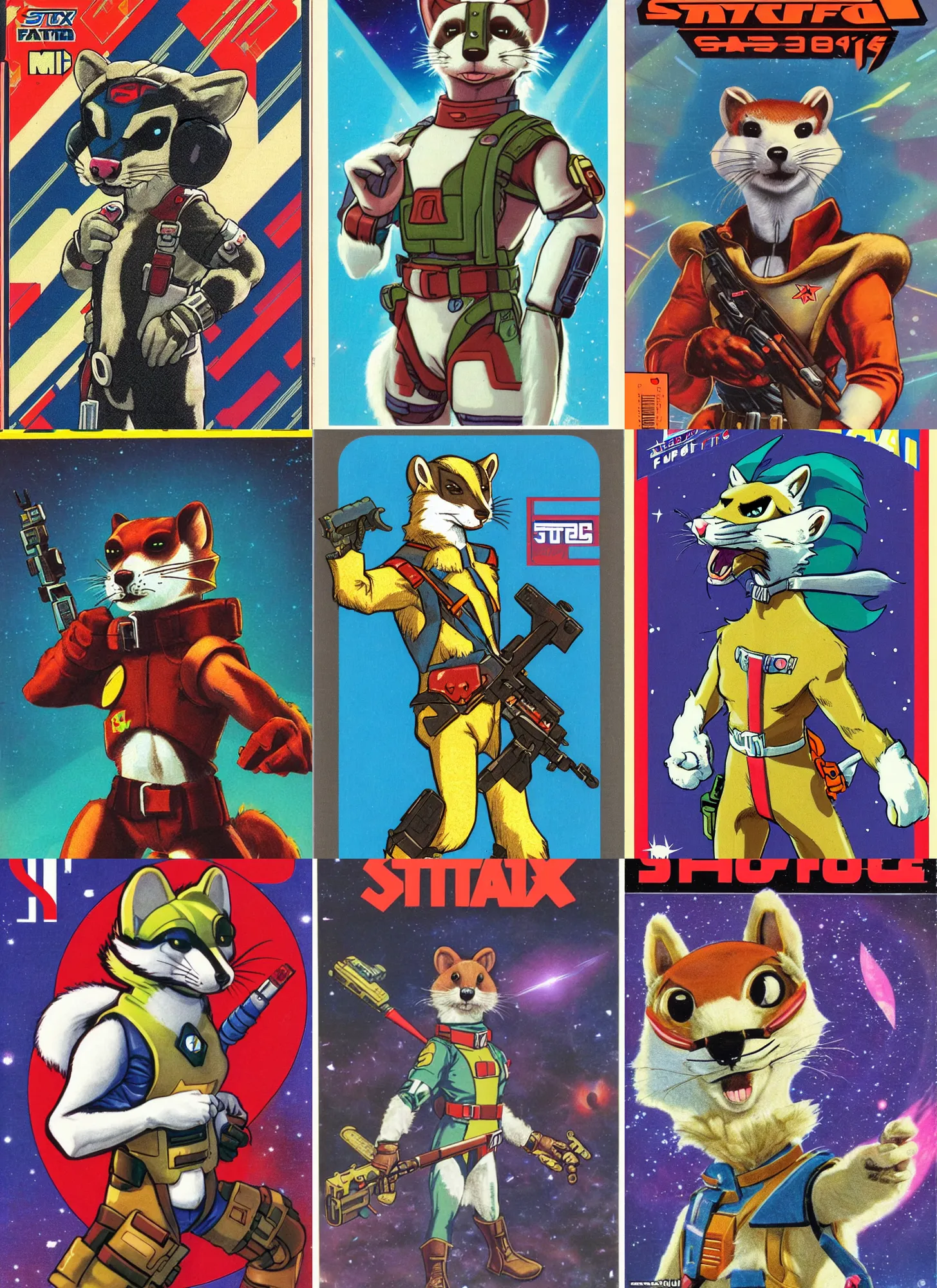 Prompt: 1 9 8 0 s video game art portrait of anthropomorphic stoat from starfox fursona furry stoat in a space mercenary uniform, looking heroic, magazine scan, 8 0 s game box art