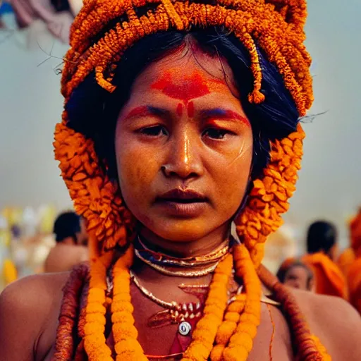 Image similar to realistic exposed expired fuji film portrait of naga sadhu india women at maha kumbh, marigold celestial vibe, hyperrealism, hypermaximalism, photorealistic, detailed, atmospheric, 8 k, award winning photography, cinematic