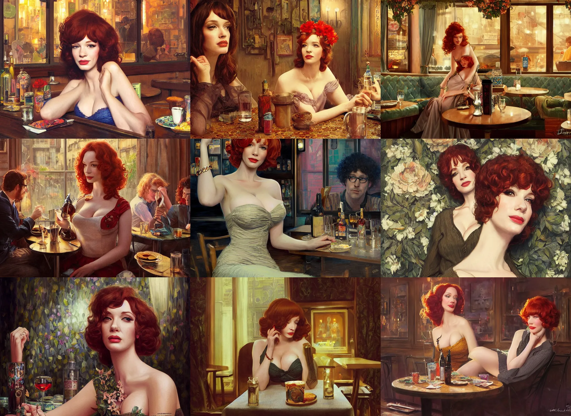 Image similar to sophisticated Christina Hendricks as a 1960s flower hippie relaxing in a smokey Paris tavern, elegant, highly detailed, shallow depth of field, concept art, Artstation, Artgerm, Donato Giancola, Joseph Christian Leyendecker