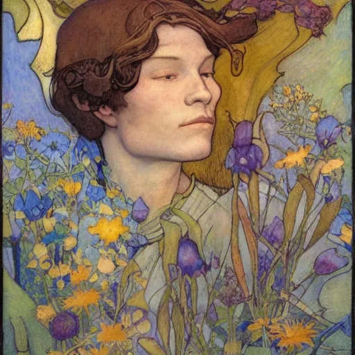 Image similar to the flower prince, by jessie willcox smith and donato giancola and nicholas roerich, and diego rivera, and leo and diane dillon, symbolist, tattoos, dramatic lighting, elaborate geometric ornament, art brut, god rays, soft cool colors, smooth, sharp focus, extremely detailed