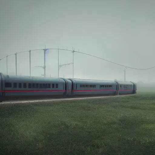 Prompt: landscape with futuristic train station in an empty field. by stalenhag. mist, fog, cyber punk, realistic, 8K