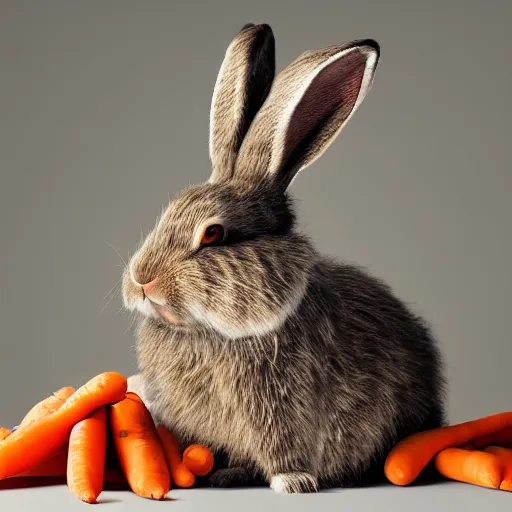 Prompt: hasidic rabbit sitting on pile of carrots intricate detail, finely detailed, small details, extra detail, photorealistic, high resolution, vray, hdr, hyper detailed, insane details, intricate, elite, ornate, elegant, luxury, dramatic lighting, octane render, weta digital, micro details, 3 d sculpture