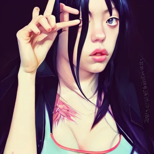 Image similar to a beautiful young japanese billie eilish kat dennings alluring instagram model in elaborate latex tank top, by guweiz and wlop and ilya kuvshinov and artgerm and makoto shinkai and studio ghibli, symmetrical eyes, aesthetic, gorgeous, stunning, alluring, attractive, artstation, deviantart, pinterest, digital art