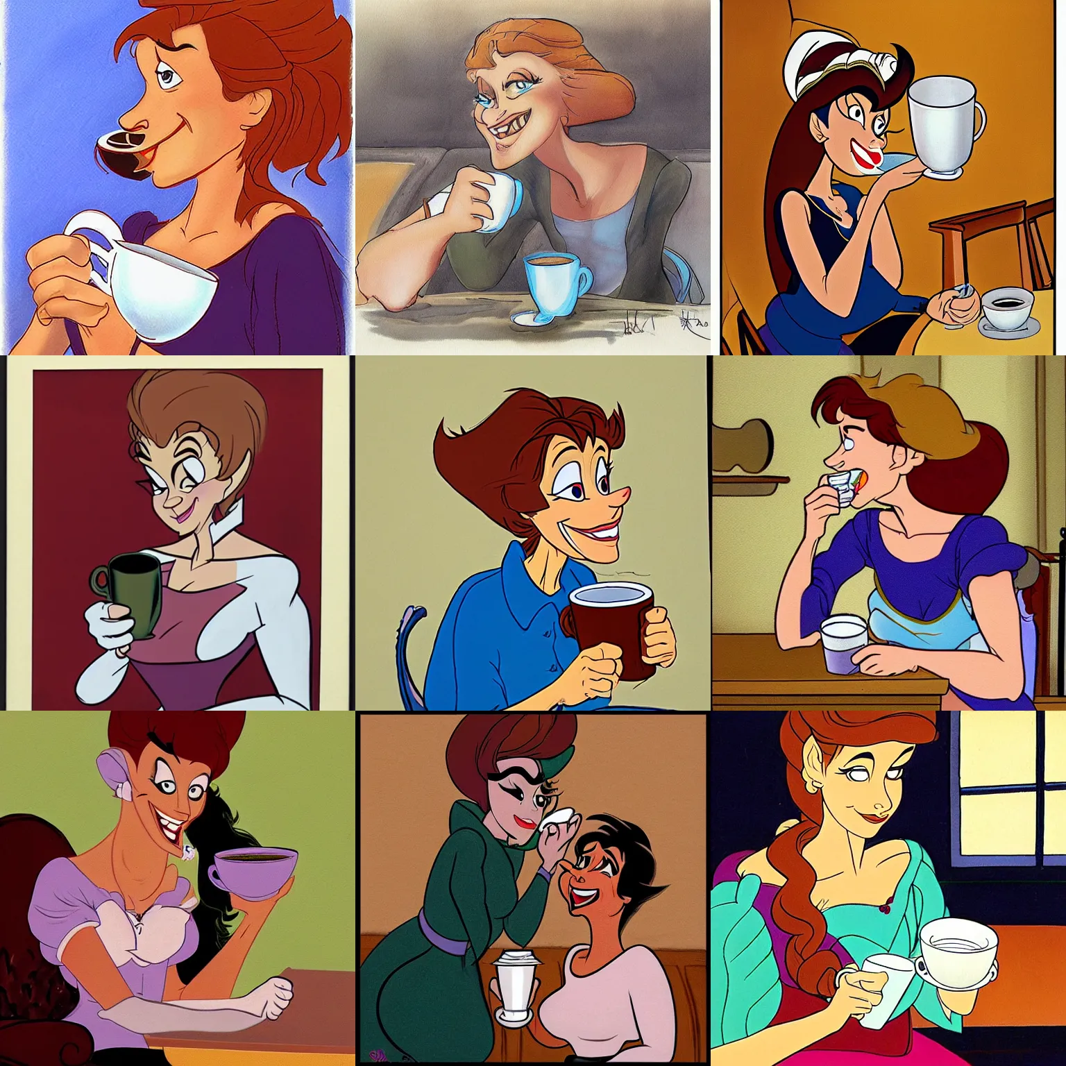 Prompt: woman drinking coffee, by don bluth