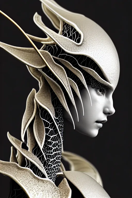 Image similar to monochrome close - up profile face, black background, beautiful young porcelain bio - mechanical vegetal - dragon - cyborg - female, white metallic armour, silver gold details, magnolia leaves and stems, roots, mandelbot fractal, 1 5 0 mm, beautiful natural soft rim light, elegant, hyper real, ultra detailed, octane render, 1 6 k