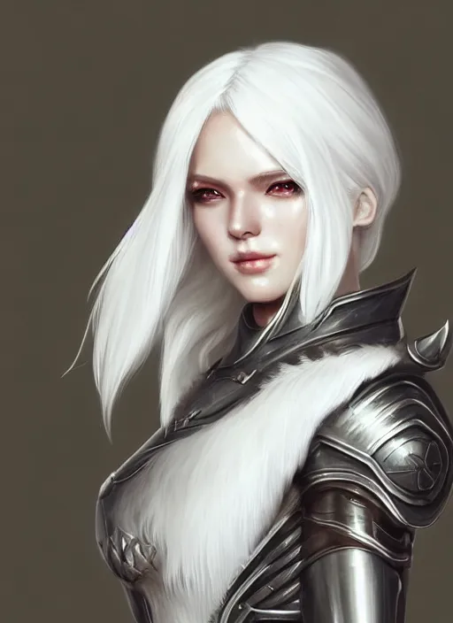 Image similar to fur - lined armor!!! beautiful and elegant white haired female!! gorgeous ayes!! character concept art, sharp focus, octane render! unreal engine 5! highly rendered!! trending on artstation!! detailed linework!! illustration by artgerm, wlop and anna dittmann