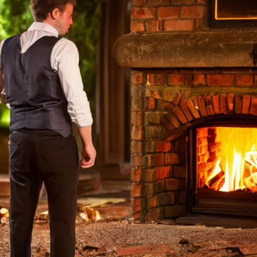 Image similar to man in a waistcoat staring at a log fire jelious girlfriend, 1 5 0 mm lighting effect