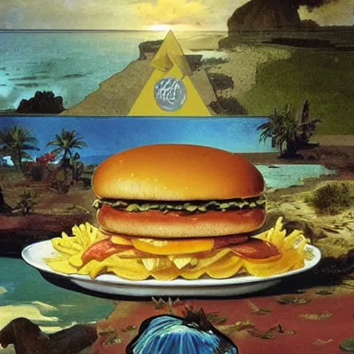 Prompt: The McDonald's Big Mac, extra toppics, mustard, pickles, ketchup, refracted sparkles, thunderstorm, greek pool, beach and Tropical vegetation on the background major arcana sky, by paul delaroche, alphonse mucha and arnold böcklin, hyperrealistic symmetrical 8k, award-winning, very very very detailed