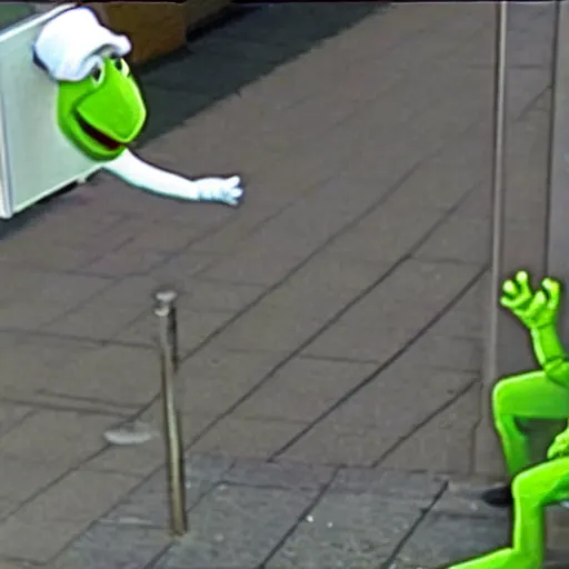 Prompt: kermit the frog wearing a mask and robbing a bank, security camera footage