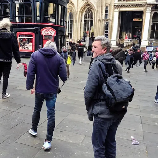 Image similar to a middle aged white man sees every tourist sight in london whilst two exhausted younger people pay for everything