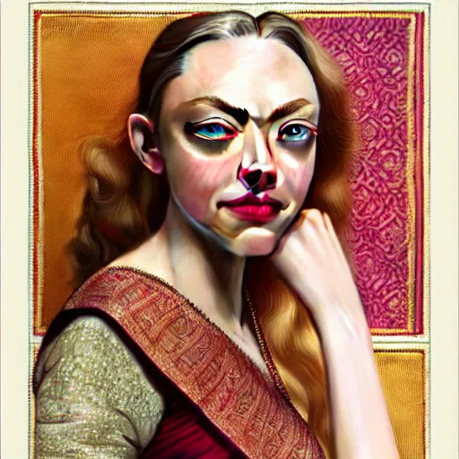 Prompt: beautiful portrait of amanda seyfried wearing assamese mekhela sleeveless silk saree, fantasy, intricate, elegant, highly detailed, digital painting, artstation, concept art, smooth, sharp focus, luxury fashion illustration, art by artgerm and greg rutkowski and alphonse mucha, brightly lit cinematic soft lighting, photorealistic, assam tea village background