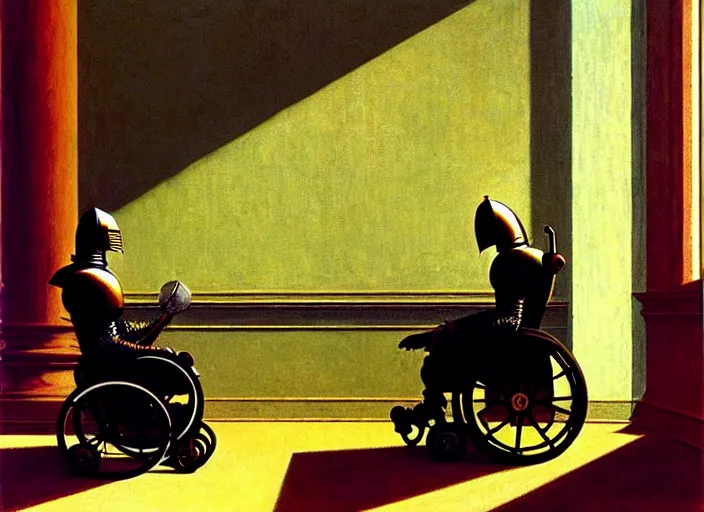 Image similar to knight in rich armor in a wheelchair do tricks & watch old tv, rome, highly detailed, soft lighting, elegant, by edward hopper and james gillard, zdislaw beksinski, stephen outram, andreas m wiese, carl spitzweg, syd mead, highly detailed, masterpiece, unreal 6, 8 k