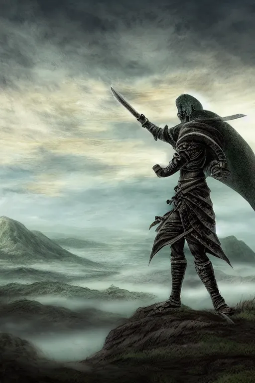 Prompt: Tonemapped warrior with lowered sword in the style of Kentaro Miura, with a landscape in the style of Wanderer above the Sea of Fog