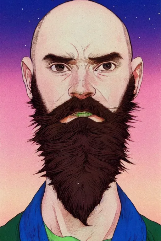 Image similar to a colorful closeup portrait of a handsome young bald man with a very long wild beard dreaming psychedelic hallucinations in the vast icy landscape of antarctica, by kawase hasui, moebius and edward hopper, colorful flat surreal design, hd, 8 k, artstation