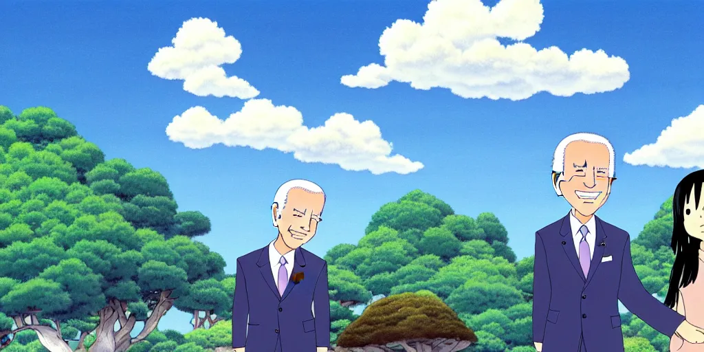 Image similar to joe biden studio ghibli beautiful sky happiness