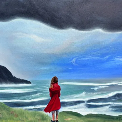 Image similar to A painting of a girl standing on a mountain looking out an approaching storm over the ocean, wind blowing, ocean mist, oil painting