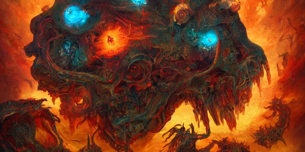 Image similar to gigantic demonic cosmic skull of death and fire, outer space, fantasy painting, ultra realistic, dmt, symmetrical, wide angle, intricate details, digital painting, rainbowshift, vivid colors, highly detailed by peter mohrbacher, h. r. giger, maxfield parrish, craig mullins, octane render, cgi