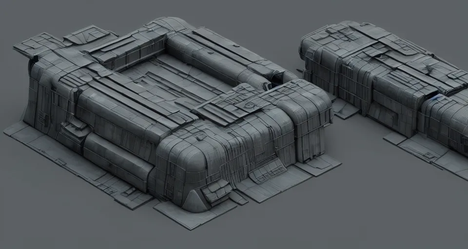 Prompt: 3d sculpt of a bulbous thick square industrial military scifi factory facade gun metal factory inspired by the matrix, star wars, ilm, beeple, star citizen halo, mass effect, starship troopers, elysium, the expanse, high tech industrial, Artstation Unreal