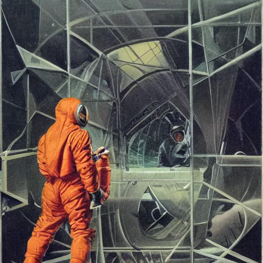 Prompt: portrait of a scientist in a hazmat suit entering the geometric prism dimensional gateway by frank frazetta