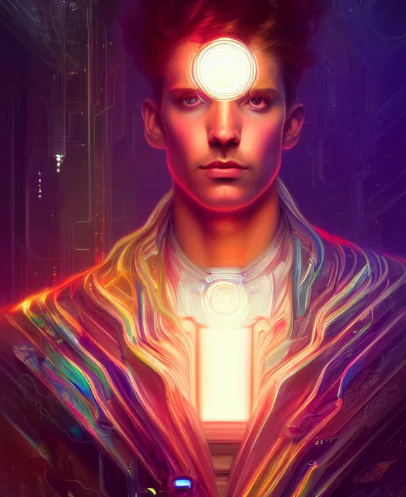 Image similar to a whirlwind inside the metaverse, guy, male, man, hologram, half body, neurochip, android, cyborg, cyberpunk face, by loish, d & d, fantasy, intricate, elegant, highly detailed, colorful, digital painting, artstation, concept art, art by artgerm and greg rutkowski and alphonse mucha