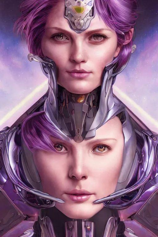 Prompt: extreme close up facial portrait, pale woman with tied purple hair in sci - fi armor, bionic armor, stoic, powerful, by artgerm and yoshitaka amano and moebius and alphonse mucha, hyperdetailed, dc comics, ornate, nebula, explosions in the sky, trending on artstation