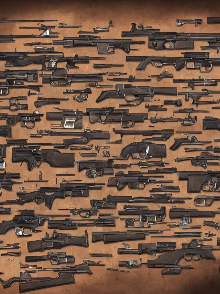 Image similar to room full of of firearms rifles shotguns revolvers and bullets, ultrarealistic, intricate details, 4k, concept art, digital painting