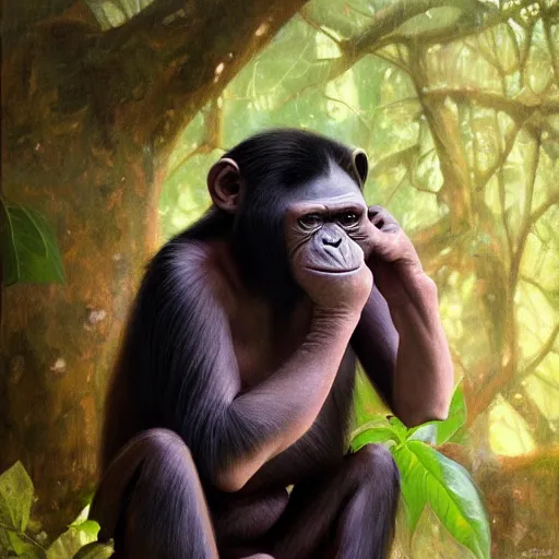 Prompt: a portrait of a pensive happy bonobo by Mandy Jurgens