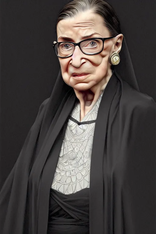 Prompt: pregnant ruth bader ginsburg in a thin black robe, realistic portrait, symmetrical, highly detailed, digital painting, artstation, concept art, smooth, sharp focus, illustration, cinematic lighting, art by artgerm and greg rutkowski and alphonse mucha