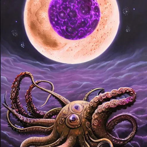 Prompt: many purple tentacles with eyes bursting out of an exploding moon, high fantasy, oil painting, extremely detailed