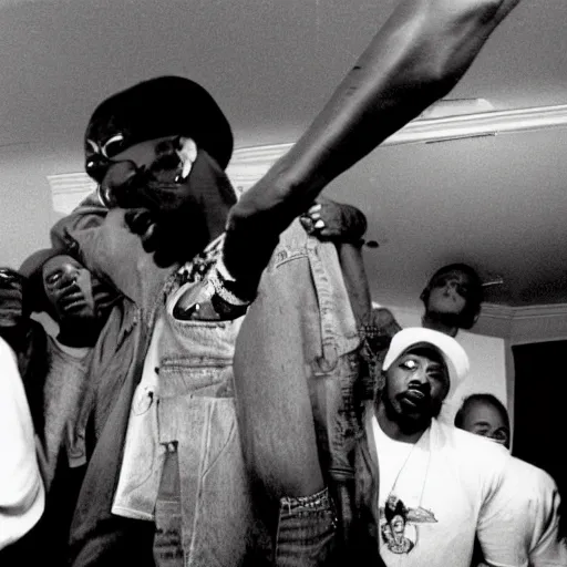 Prompt: 2 pac parting in 1 9 9 2 photo. small house party.