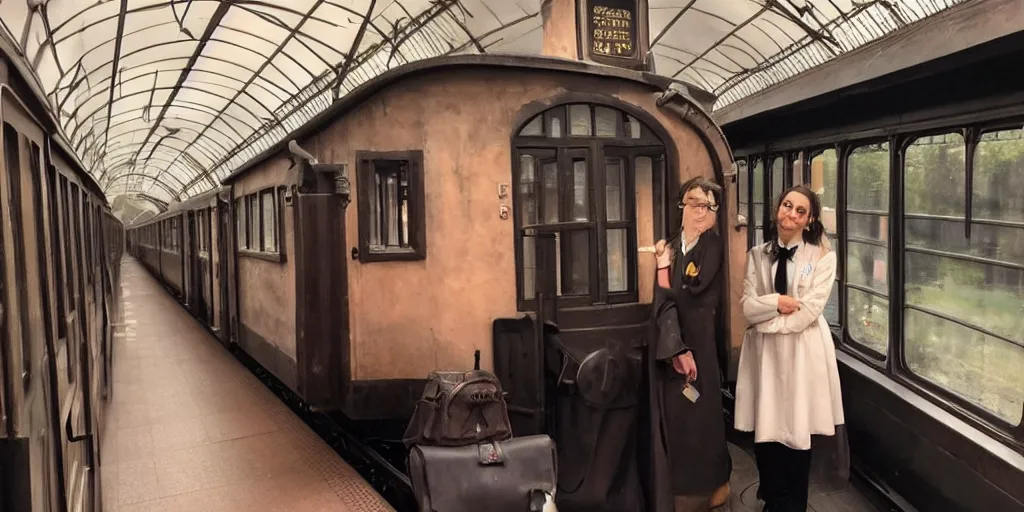 Image similar to The mysterious Hogwarts train and a beautiful female conductor