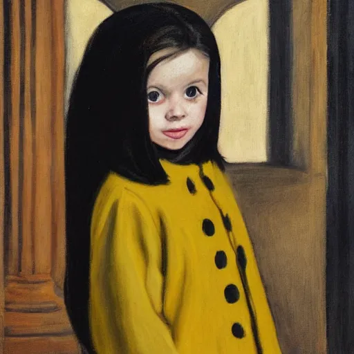 Image similar to a painting of a little girl with black hair and wearing a yellow coat in the middle of a cloister in an abbey by hopper