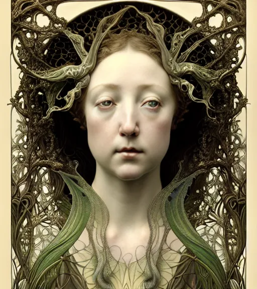 Image similar to beautiful young orchid fairy detailed realistic porcelain face portrait by jean delville, gustave dore, iris van herpen and marco mazzoni, art forms of nature by ernst haeckel, art nouveau, symbolist, visionary, gothic, neo - gothic, pre - raphaelite, fractal lace, intricate alien botanical biodiversity, surreality, hyperdetailed ultrasharp octane render