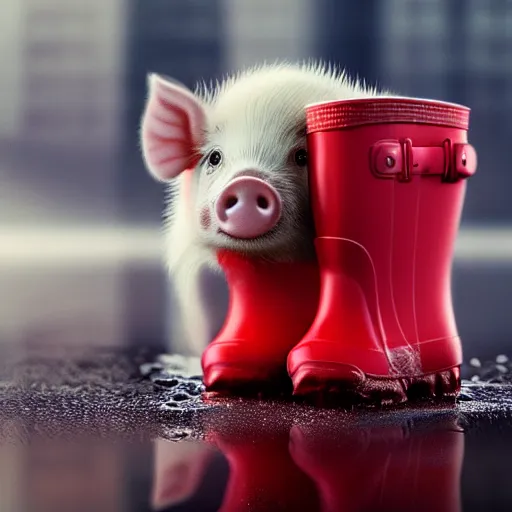 Image similar to digital art of a baby pig wearing red rainboots in a puddle, 8 k render, octane render, saturated