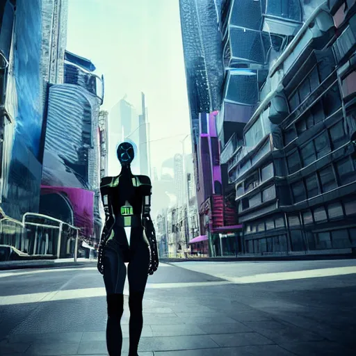 Prompt: portrait of a female cyborg walking down a futuristic cyberpunk street with tall buildings on both sides