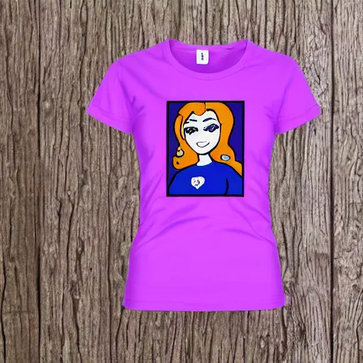 Prompt: a purple t-shirt with a cartoon woman's face