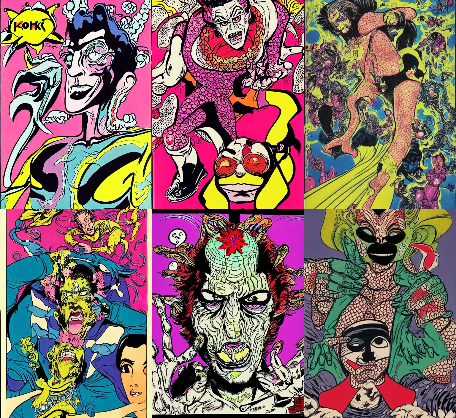 Prompt: psychedelic comic book character with grotesque face by Hirohiko Araki (1965)