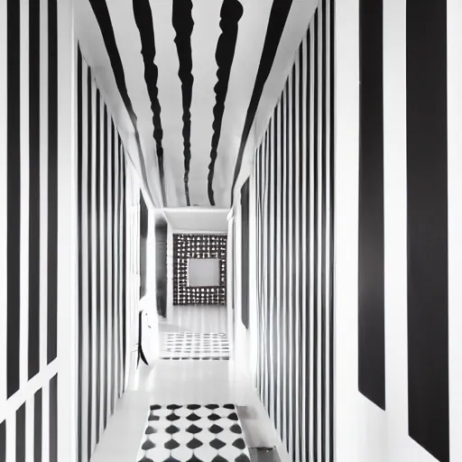 Prompt: a white corridor with a giant polka dot pattern on the walls