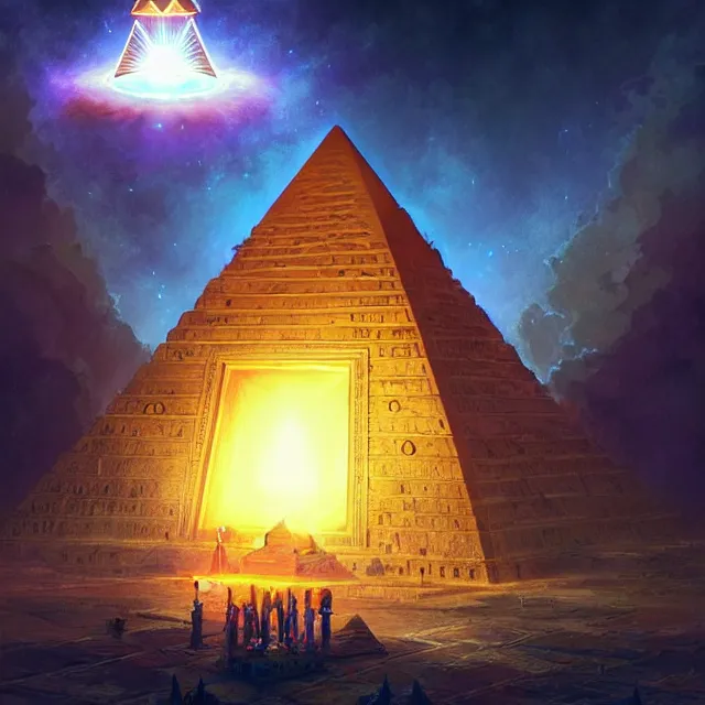 Prompt: the illuminati eye opening up from an orb above a pyramid, atmospheric lighting, intricate, volumetric lighting, beautiful, sharp focus, ultra detailed, in the art style of marc simonetti, bowater charlie and brom gerald, astrophotography